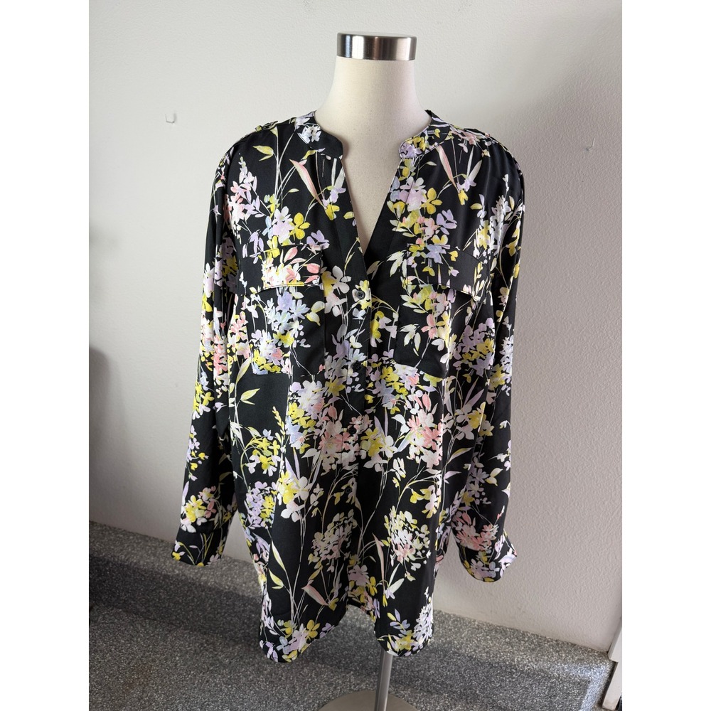 Calvin Klein Womens Plus 1X Black Floral Button Front Blouse Long Sleeve Shirt